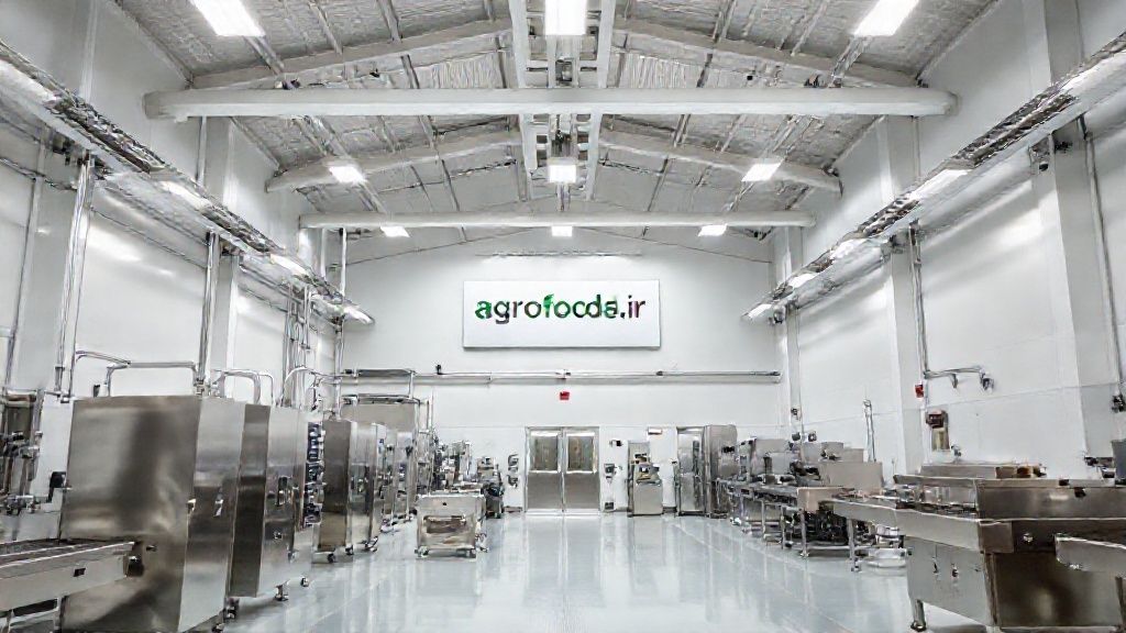 فضای داخلی روشن، تمیز و مدرن یک سالن صنعتی بهداشتی در تبریز برای تولید مواد غذایی.