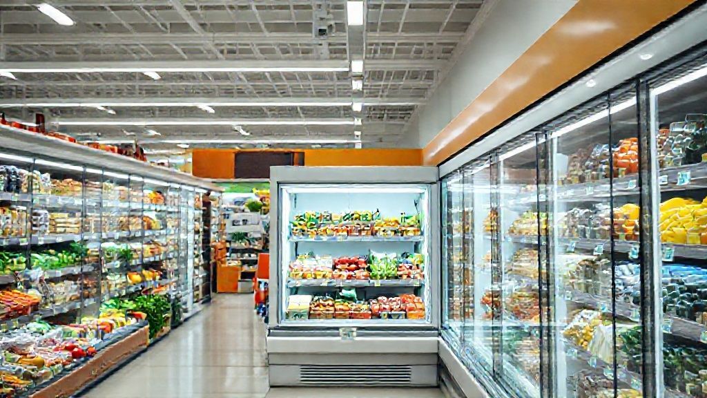 یخچال جزیره در یک سوپرمارکت مدرن با محصولات غذایی