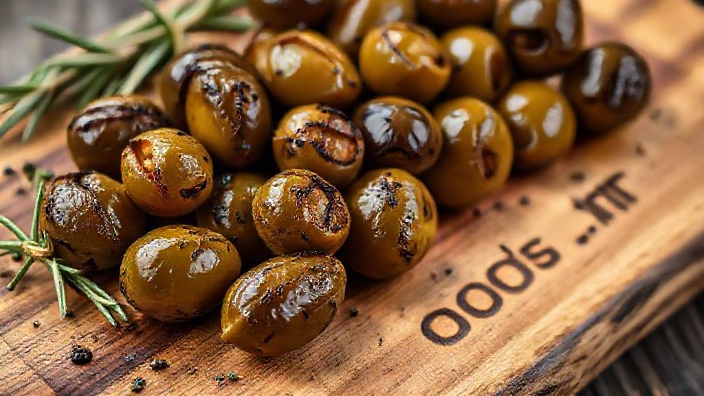 زیتون گریل شده روی تخته چوبی