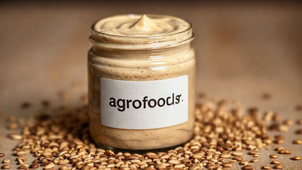 تصویری از یک شیشه ارده با کنجدهای پراکنده