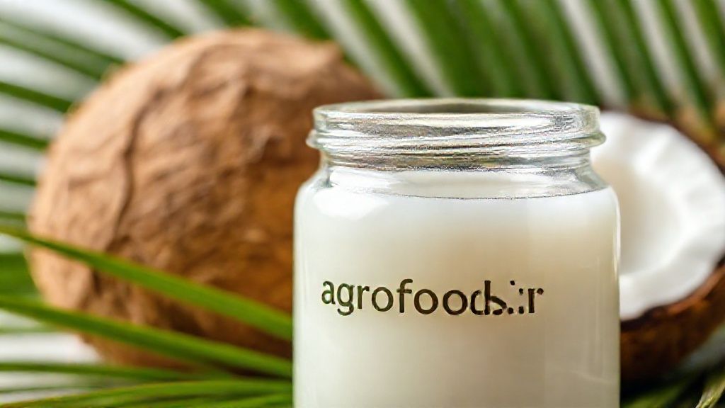 روغن نارگیل در ظرف شیشه‌ای با نارگیل طبیعی