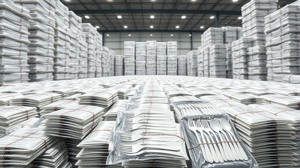 انبار بزرگ با پالت های قاشق و چنگال یکبار مصرف بسته بندی شده