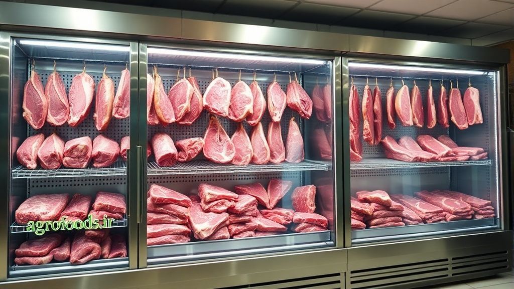 یخچال قصابی مدرن با گوشت‌های تازه