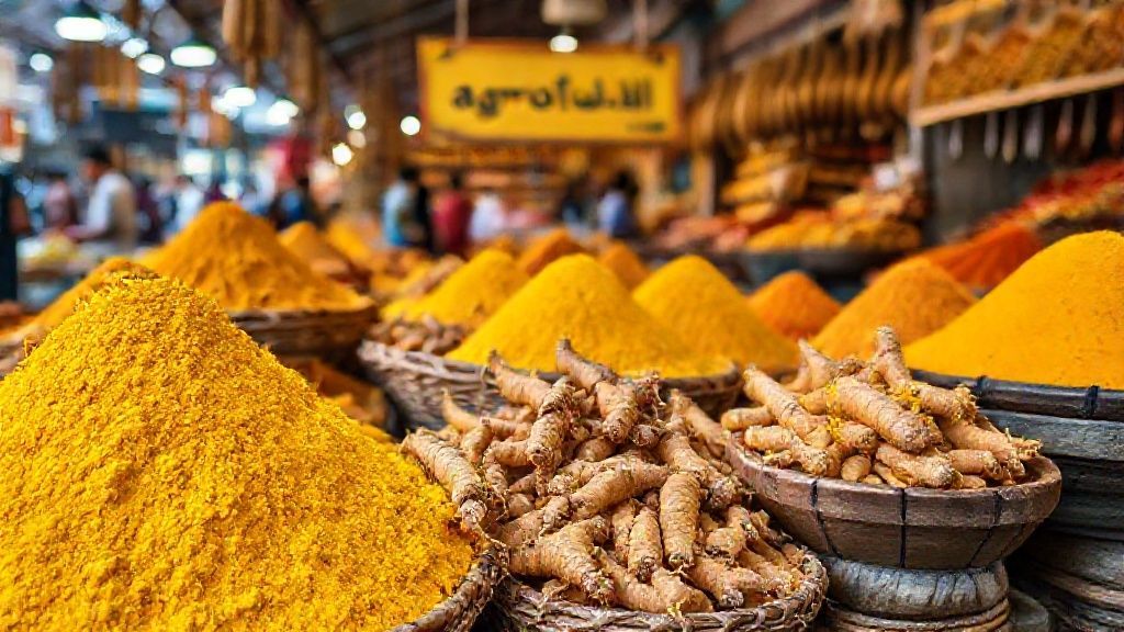 توده‌های زردچوبه در بازار ادویه