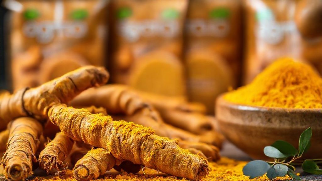 ریشه‌ها و پودر زردچوبه با رنگ طلایی غنی